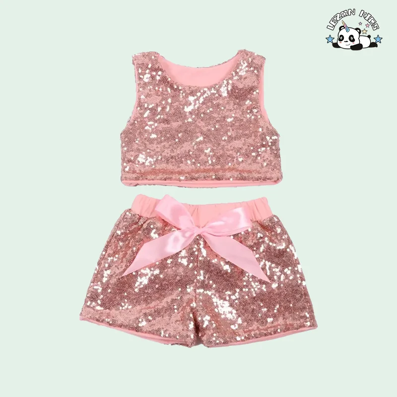 LEZONKIDS - Conjunto de shorts e colete sem mangas com lantejoulas para meninas no verão, roupa de bebê